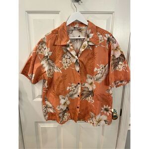 Vintage Pacific Legend Hawaii Peach Plumeria Button Down Shirt sz L